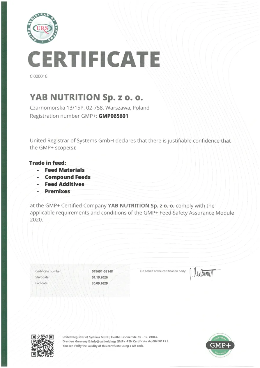 GMP+ certificate YAB Nutrition, GMP065601